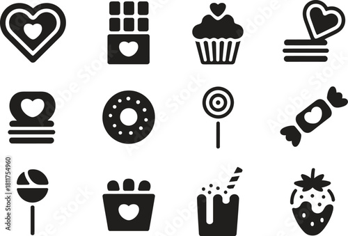 Sweet Dessert Silhouette Icons – Cupcake, Chocolate, Donut, Candy, Strawberry Set