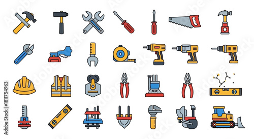A comprehensive collection of various construction and repair tools, including hand tools, power tools, and heavy machinery icons.