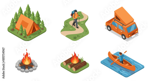 Isometric icons of outdoor activities including camping, hiking, camper van, campfires, and canoeing.