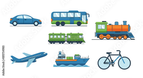 Collection of various transport vehicles including a car, bus, train, airplane, ship, and bicycle.