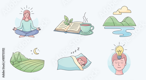 A collection of six illustrations depicting activities for relaxation and mental well-being, such as meditation, reading, and sleeping.