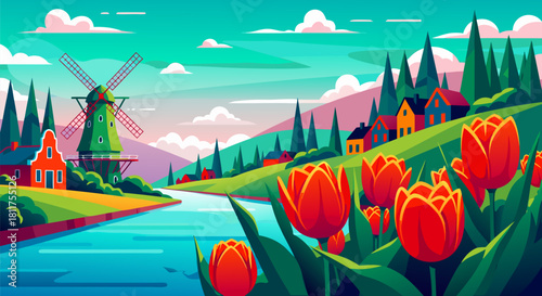 Vibrant Dutch Landscape A Colorful Illustration of Windmills, Tulips, and Picturesque Houses in the Netherlands