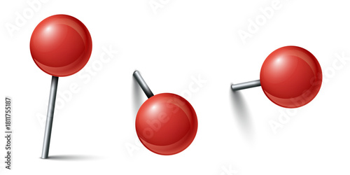 Red needle pin with shadow set collection in flat style. Map push pins vector illustration on isolated background. Pushpin for paper notice sign business concept.
