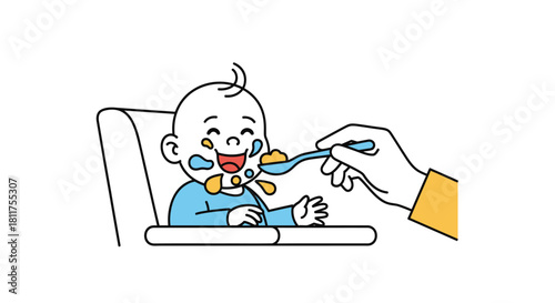 A happy baby is being fed by a person with a spoon while sitting in a high chair.