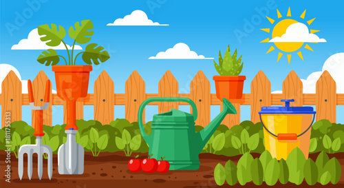Gardening tools and plants illustration with sunny weather and wooden fence in a garden plot showcasing a vibrant outdoor scene