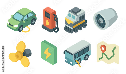 Colorful isometric transportation icons with various vehicles and signs