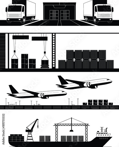 Global logistics illustration, supply chain stages, transportation modes, cargo handling, warehouse storage, air freight, maritime shipping, black and white, export import, freight infrastructure