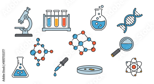 Collection of science-related illustrations, including a microscope, test tubes, and molecular structures.