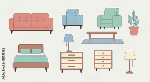 Illustration of furniture including a sofa, chairs, bed, and tables.