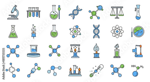 Science icons: microscope, test tubes, flasks, DNA, atoms, scales, molecules, and other lab equipment.