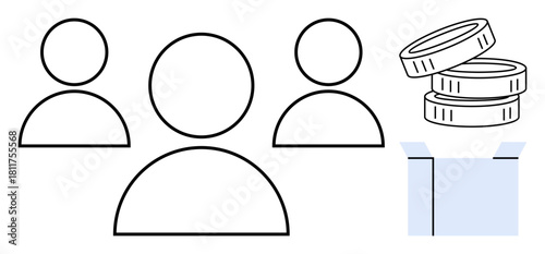 Group of three people figures alongside stacked coins and an open box. Ideal for teamwork, crowdfunding, resource sharing, community building, project management, startup support, and funding. Simple