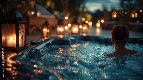 Woman relaxing in luxurious hot tub with candlelight at night