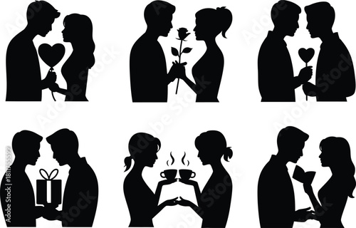 Romantic Couple Silhouettes – Gift, Rose, Heart, Coffee, Love Exchange Icons