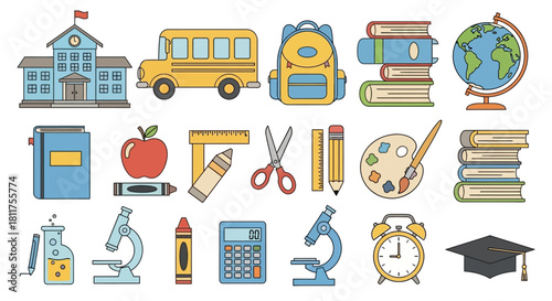 School supplies and building icons in cartoon style.