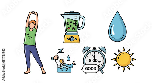 Icons depicting healthy lifestyle choices: exercise, smoothie, water, bath, sleep, sunshine.