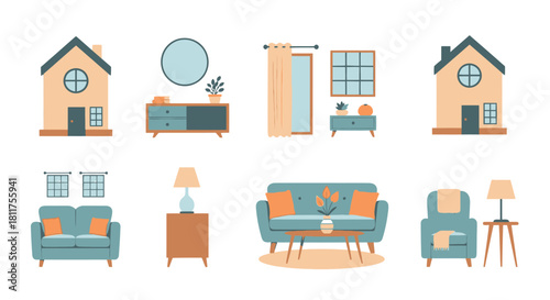 Illustration of various interior design elements, including houses, furniture, and decorative items.