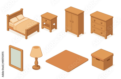 Isometric wooden furniture set: bed, wardrobe, nightstand, dresser, mirror, lamp, rug, storage box