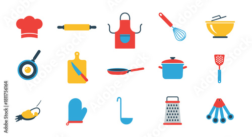 A collection of colorful flat design icons representing various kitchen utensils and cooking equipment.