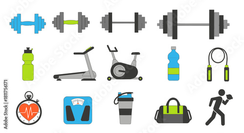 Collection of fitness equipment and accessories, including weights, treadmills, and water bottles.