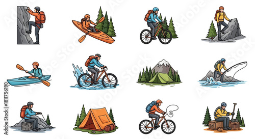 Collection of vintage-style illustrations showcasing various outdoor adventure activities such as rock climbing, kayaking, mountain biking, hiking, and camping.