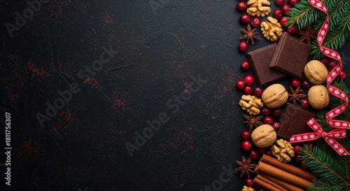 Festive holiday arrangement with chocolate, walnuts, cranberries, and spices