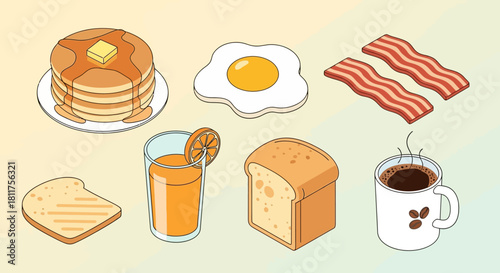 Isometric illustration of a classic breakfast set with pancakes, egg, bacon, coffee, and juice.