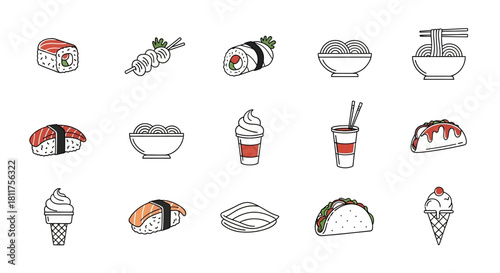 A collection of various food and drink icons in a simple line art style, including sushi, tacos, and ice cream.