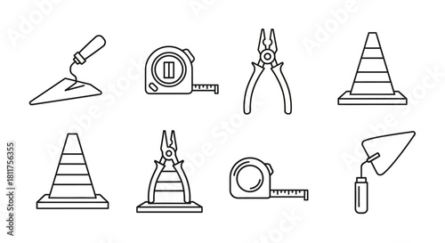 Line art icons of construction and DIY tools including trowels, measuring tapes, pliers, and safety cones on a white background.