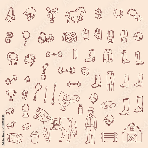 Vector illustration featuring equestrian gear icons including saddles, helmets, and bridles. Ideal for horse enthusiasts and equestrian-themed designs. 