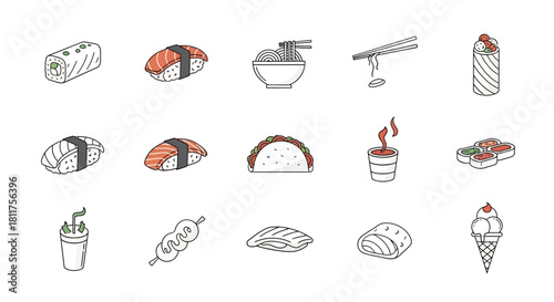 A diverse collection of line art icons featuring various food items and drinks, including sushi, tacos, noodles, coffee, and ice cream.