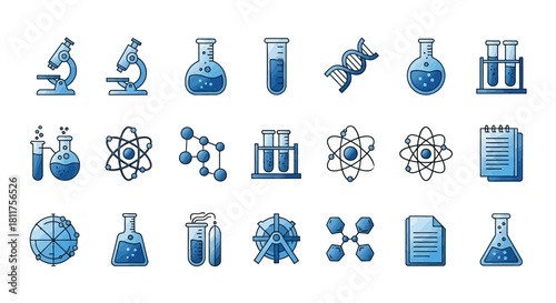 A collection of blue science and chemistry icons including microscopes, beakers, test tubes, DNA, and atomic structures.