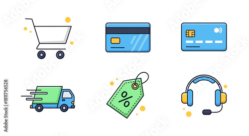 Collection of various shopping and e-commerce icons, representing different aspects of online retail.
