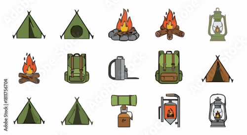 Collection of camping and outdoor adventure gear icons