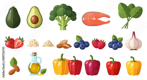 Healthy food selection including avocado, broccoli, salmon, spinach, berries, and peppers.