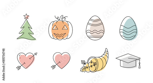 A collection of line art icons representing various holidays and celebrations, including Christmas, Halloween, Easter, Thanksgiving, Valentine's Day, and graduation.