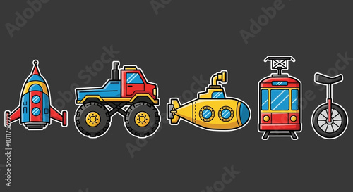 Cartoon vehicles: rocket, monster truck, submarine, tram, and unicycle on a dark gray background.