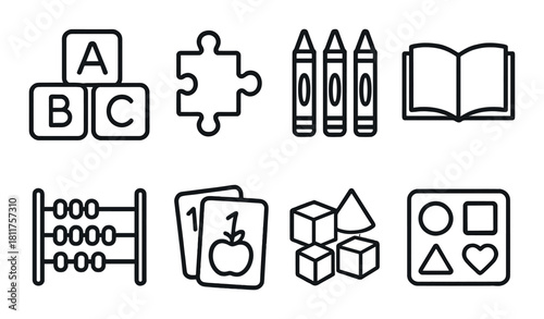 Educational tools icons including blocks, puzzle, crayons, book, abacus, cards, shapes