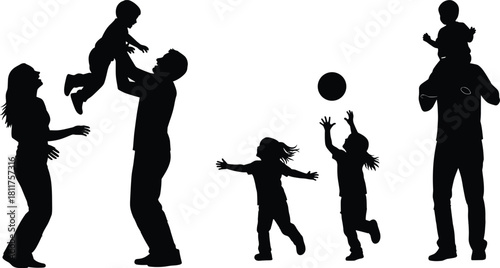 Vector Silhouette of Family Playing Outdoors with Children for Joyful Bonding, Parenting, and Active Lifestyle Representation
