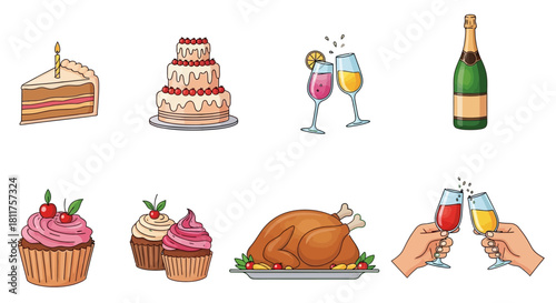 A collection of illustrated celebration food and drinks including cake, cupcakes, roasted turkey, and champagne.