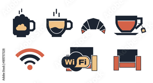 A collection of flat design icons representing coffee shop items and amenities like drinks, food, and wifi.