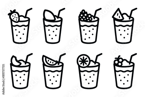 Set of eight fruit juice icons with straw and bubbles on dark background