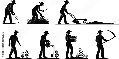 Silhouette farmers performing traditional agricultural tasks from planting to harvesting in rural field scenes with tools and crops