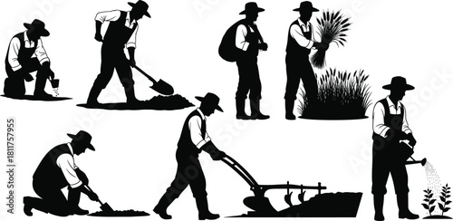 Silhouette farmer performing traditional agricultural tasks including planting, watering, harvesting, and plowing in rural field scenes