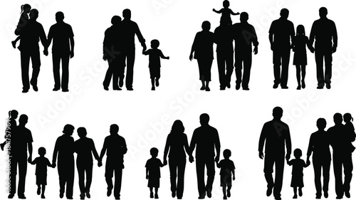 Silhouette families with children walking, holding hands, and interacting in various configurations representing unity and care
