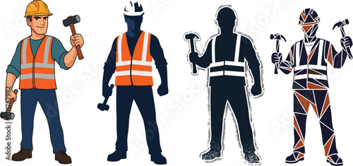 Stylized construction workers holding hammers in cartoon, silhouette, sketch, and geometric styles with safety gear