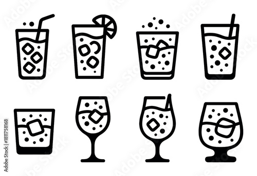 Variety of drinks in glasses with ice and garnishes silhouette icons
