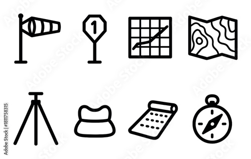 Collection of outdoor and camping icons in black silhouette style