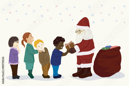 Santa gives christmas gifts to kids. Kids queuing for christmas presents. Vector illustration of santa giving gifts for kids. Kids receiving gifts from santa.
