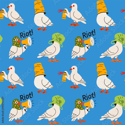 Pigeons in Riot Action with Spray Paint and Megaphones Pattern