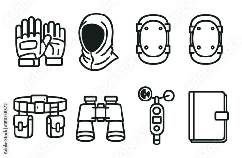 Outdoor adventure gear icons: gloves, hood, pads, belt, binoculars, anemometer, notebook
